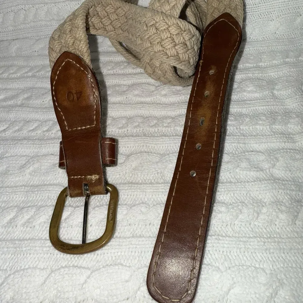 Ocean Rider Mens Leather Canvas Fishing Brass Buckle Belt Preppy Sporty Sz 40